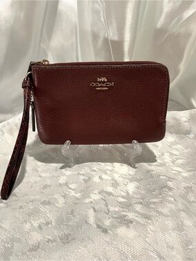 Coach Double Corner Zip Leather Wristlet With Snake Embossed Strap and Pulls
